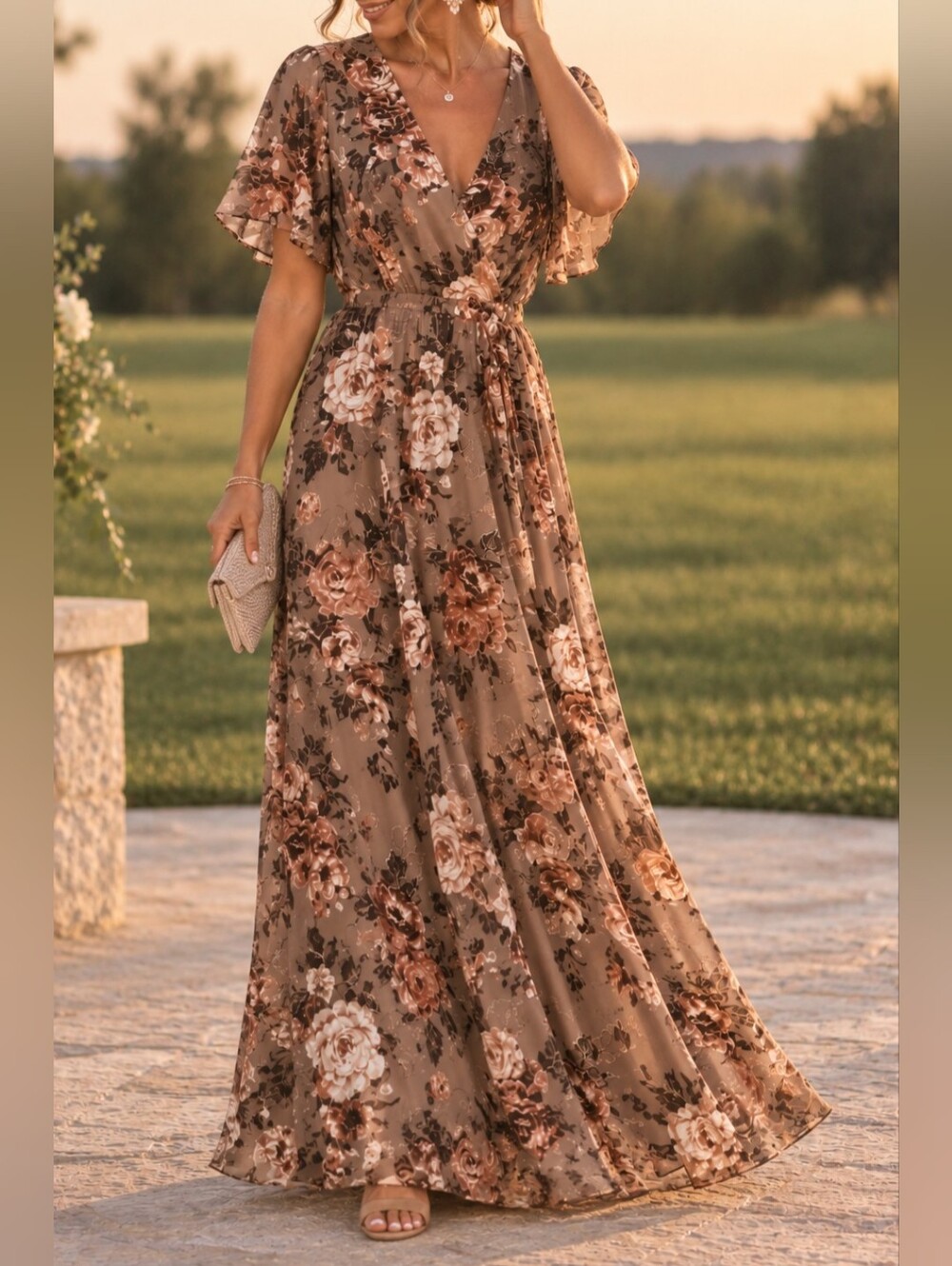Floral Wrap Maxi Dress in Taupe